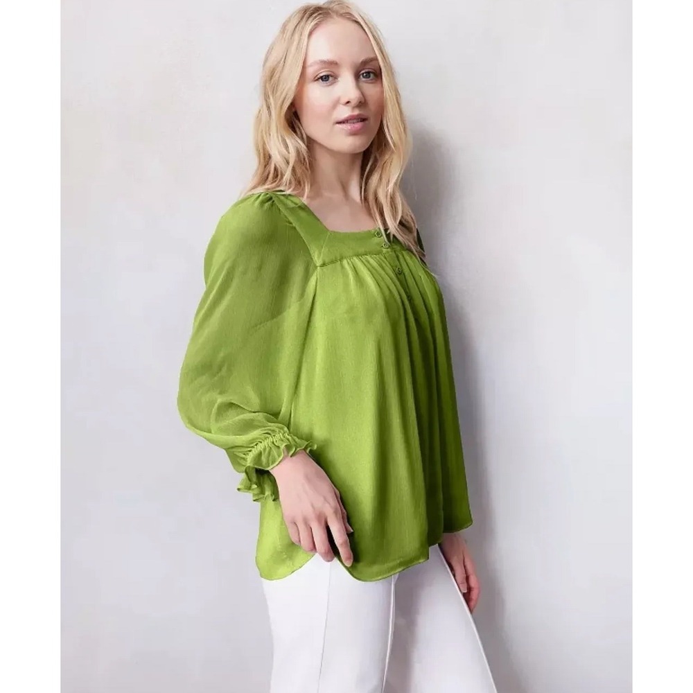 Green Sheer Blouse Square‎ Neck Long Sleeve Button Detail Women's Top